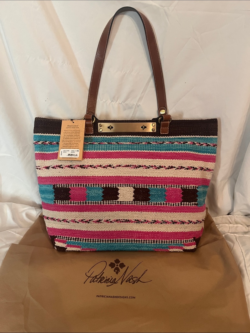 Patricia Nash Pink Turquoise Woven Stripe Tote with Brown Leather Handles